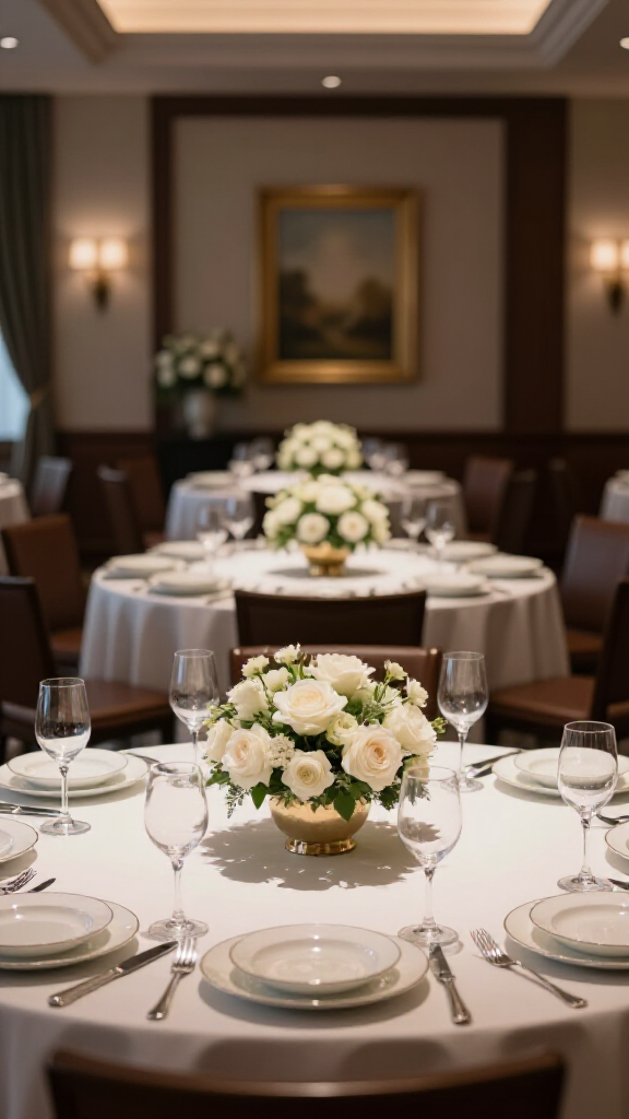 Elegant intimate banquet hall setting with soft lighting and sophisticated table arrangements. A beautifully decorated small banquet hall prepared for a private event, showcasing refined ambiance, crystal glassware, and floral centerpieces, perfect for an intimate celebration in San Francisco.