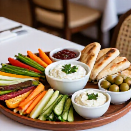 Elegant Mezze Platter Catering for Corporate Events in San Francisco. A beautifully arranged mezze platter featuring a variety of dips, olives, and fresh vegetables, ideal for corporate gatherings and business functions.