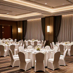Vibrant graduation celebration event hall in San Francisco, decorated for a party. A spacious and elegantly set banquet hall, filled with festive decorations, ready to host a joyous graduation event.